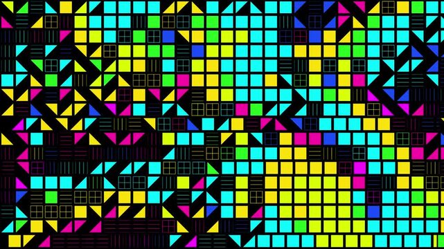 Retro pixel art background, neon geometric mosaic pattern loop, colorful 8-bit digital grid texture for gaming and vj visuals