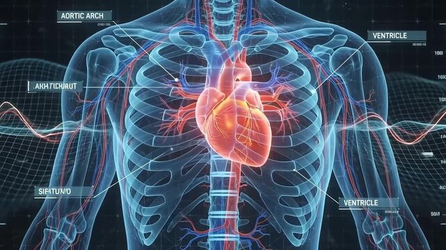 Futuristic medical body scan with beating heart interface