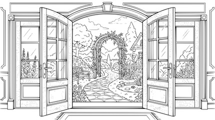 Fototapeta premium Coloring Page of Open French Doors Leading to a Beautiful Garden Path