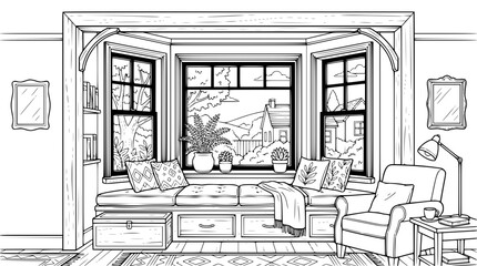 Fototapeta premium Cozy Reading Nook with Bay Window Seat and Plants Coloring Page