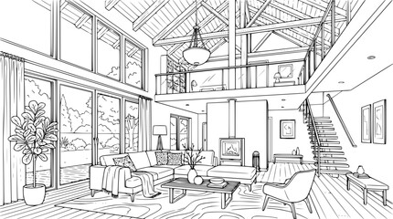 Line Art Illustration of a Modern Living Room with Mezzanine Loft © Sekodole