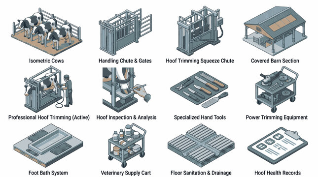 Collection of various industrial and technological objects in isometric design.
