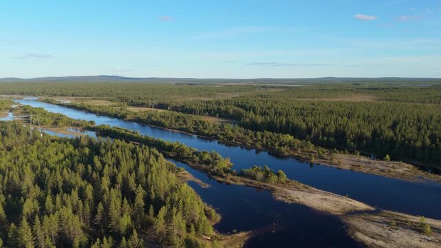 Sodankyl&auml; Lake, Finland drone flyover following winding river channels and dark water pools through vast boreal pine forest under clear summer sky.