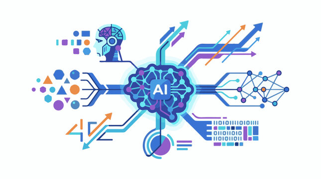 Colorful abstract AI brain with network robot head and binary code