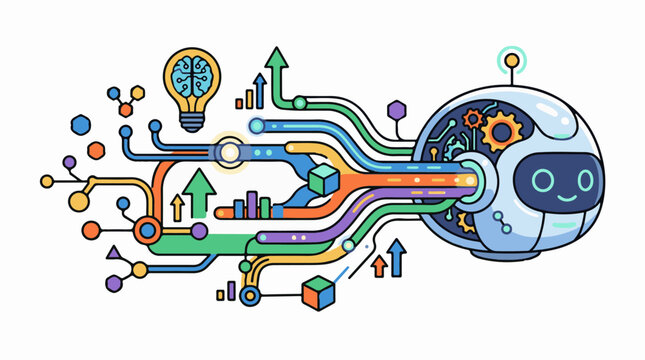 Colorful abstract network connecting ideas data and a friendly robot