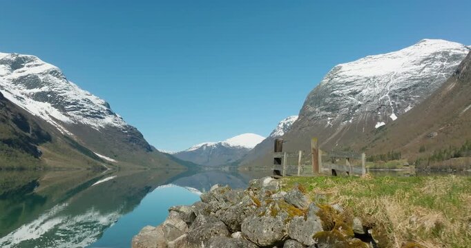 Drone Flight Along Bodal Pier at Lovatnet in Loen Norway