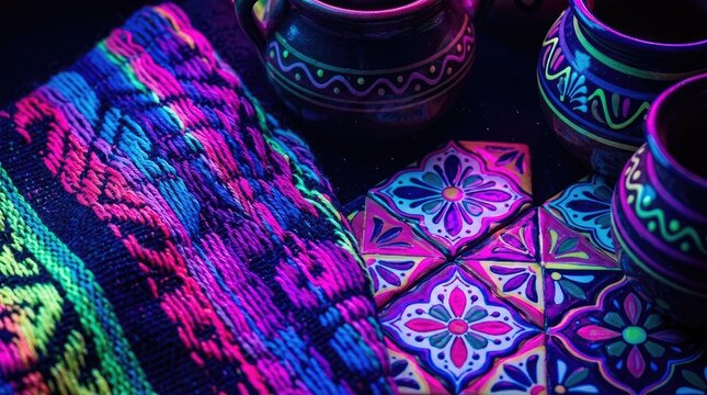 Colorful neon glowing textile and decorative tiles in vibrant pattern