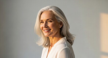 Fototapeta premium Elegant senior woman smiling warmly in a bright indoor setting, showcasing healthy aging through a serene close-up portrait in soft natural light.