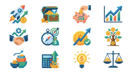 Fototapeta premium Creative Colorful Set of Financial Growth Investment and Business Success Icons with Money Symbols