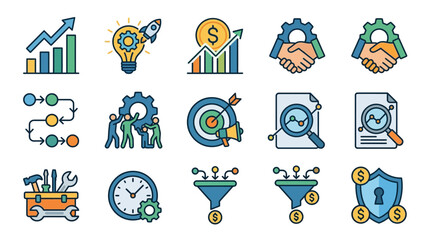 Fototapeta premium Sleek Colorful Business and Marketing Strategy Icons Set with Growth Charts Handshakes Tools and Security Shields