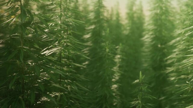 Rows of tall green plants stretch into the distance. Soft light filters through the leaves. The scene captures the growth and abundance of the plants in a field.