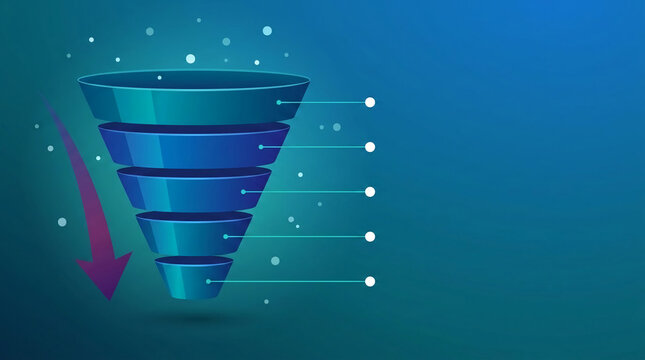 A 3D funnel diagram with descending stages and an arrow, representing a process or data flow, symbolizing business analysis and strategy, with free space for text.