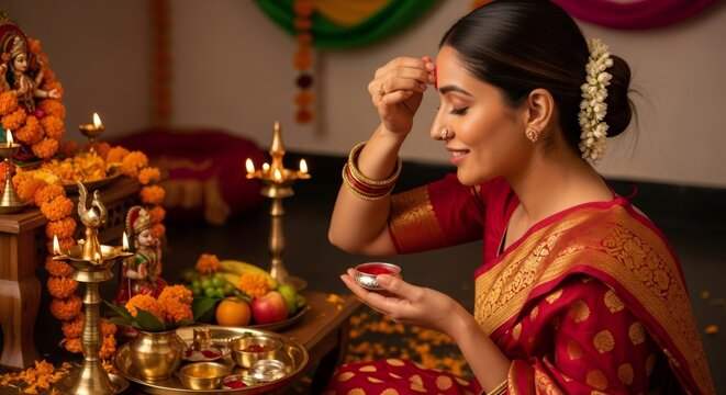 Indian woman wearing saree applying kumkum tilak on forehead during puja ceremony. Traditional Hindu celebration with diyas and flowers. Religious ritual for Dussehra festival culture.
