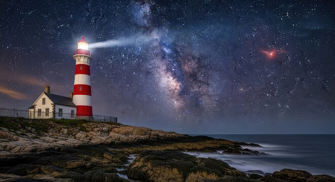 A majestic red and white striped lighthouse stands tall on a rocky coast under a brilliant night sky filled with twinkling stars and cosmos, landscape, vista, wave