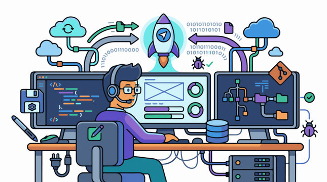 Coder with multiple screens cloud rocket and binary code
