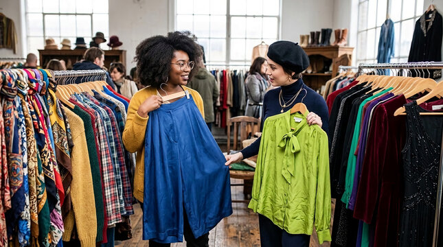 Two women examine clothing racks in a retail store, showcasing a diverse selection of garments, symbolizing fashion, shopping, and consumerism.