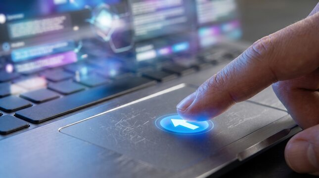 Finger pressing digital send button on laptop