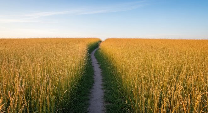 A narrow dirt path winds gracefully through a vast meadow of golden wild grass under a soft blue sky during a peaceful summer afternoon, grass, nature, rural
