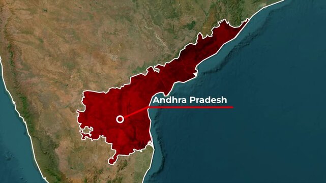 Zoomed in satellite terrain map animation of India highlighting Andhra Pradesh state in red with a white outline, red callout pointer line, and blinking target location dot