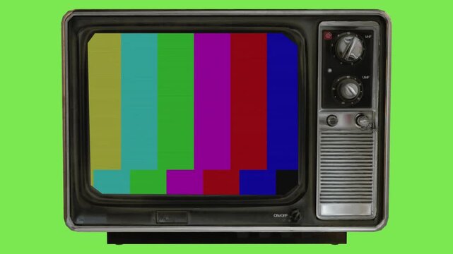 Vintage retro television set with color bar test pattern display on a green screen background for media broadcast and analog technology