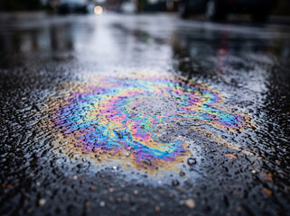 Obraz premium Iridescent colorful rainbow oil spill sheen slick on wet asphalt road surface rainwater