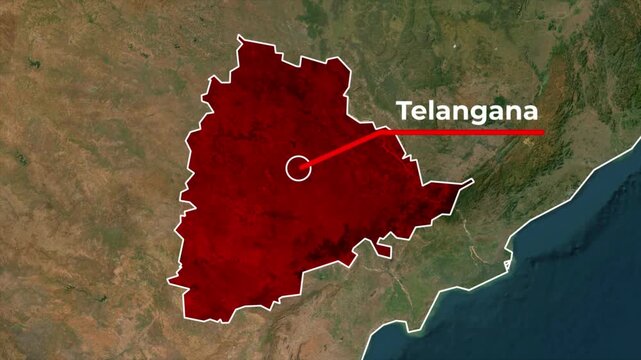 Zoomed in satellite terrain map animation of India highlighting Telangana state in red with a white outline, red callout pointer line, and blinking target location dot