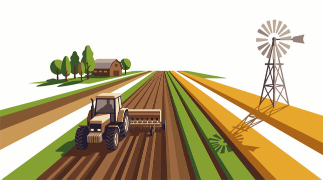 Tractor plowing field with windmill and farm in background