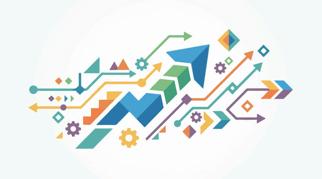 Colorful abstract upward arrows and geometric shapes form a complex diagram