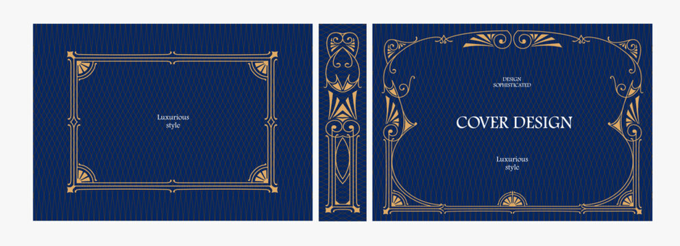 Elegant horizontal vintage book cover design with ornate Art Nouveau frame, geometric decorative ornaments, and luxurious retro style for publications, albums, posters, and premium layouts