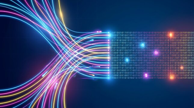 Neon lit data streams and binary code on a dark background