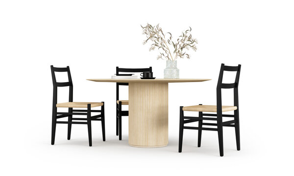 Modern round wooden dining table with three black chairs isolated on white background.