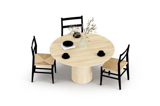 High angle view of round wooden dining table and chairs isolated on white background.