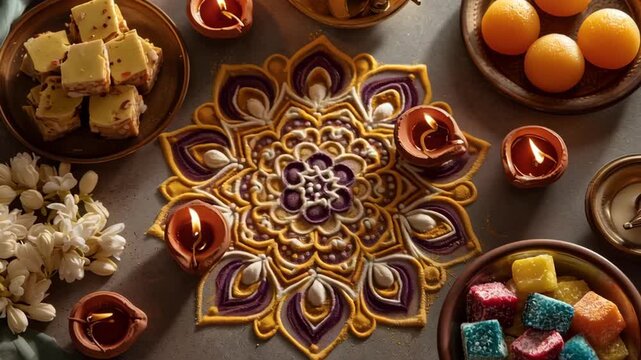 Traditional Indian Diwali Festival Setup with Rangoli and Sweets