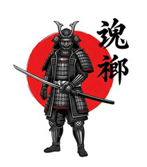 Obraz premium Samurai warrior in full armor holding a katana sword, a Japanese warrior with red sun background