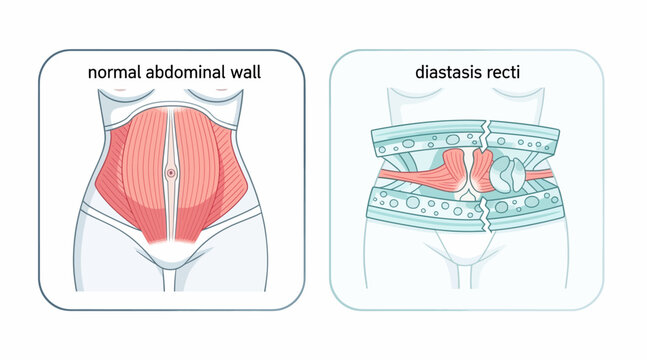 Diastasis Recti vs Normal Abdominal Wall Anatomy Illustration