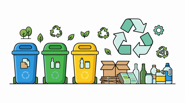 Color-coded bins with recycling symbols paper bottles and boxes