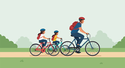 Fototapeta premium Happy Family Riding Bicycles in the Park Flat Illustration