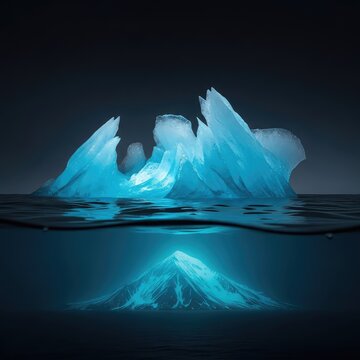 Ethereal translucent ice structures float silently in dark oceanic depths, revealing the hidden scale of a frozen peak below the waterline, environment, chill, vast