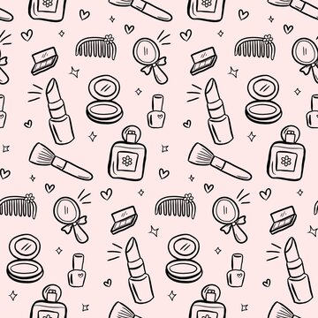 Cute Hand Drawn Beauty Cosmetics Seamless Pattern with Makeup Accessories on Pink Background