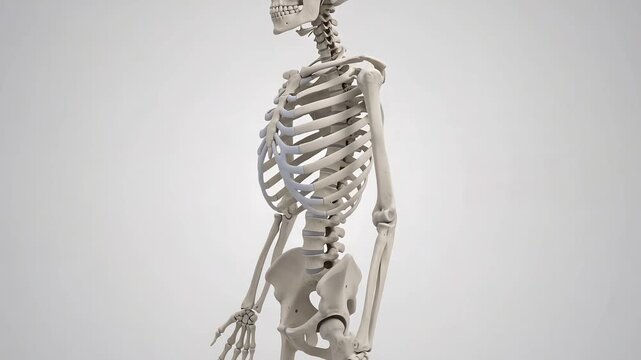 Anatomical human skeleton rotating to show bones and structure