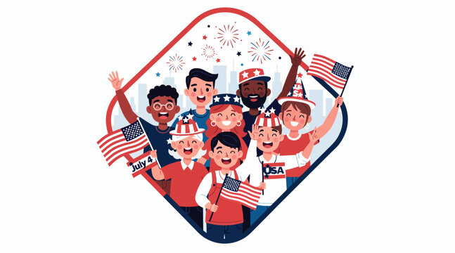 Diverse group of people celebrating with american flags