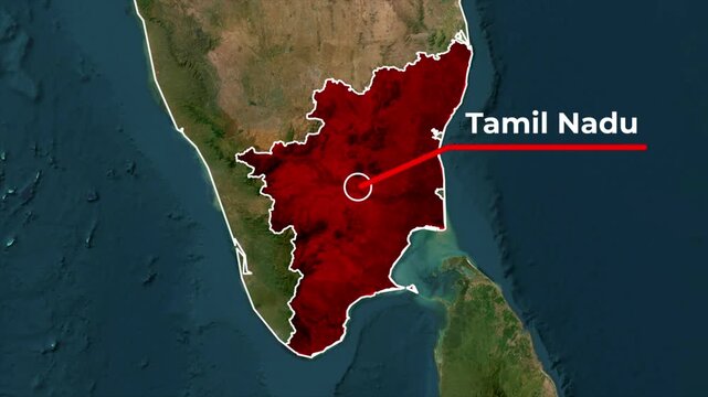 Zoomed in satellite terrain map animation of India highlighting Tamil Nadu state in red with a white outline, red callout pointer line, and blinking target location dot