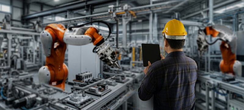 Person in a safety helmet holds a tablet while monitoring robotic arms in a factory, illustrating industrial automation control, production supervision, and manufacturing workflow management.