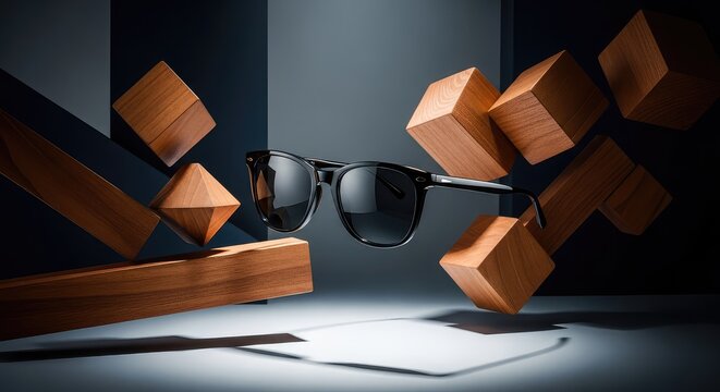 Stylish luxury sunglasses float elegantly between geometric wooden blocks against a moody, dark, and abstract minimalist background scene, reflection, fashion, sleek