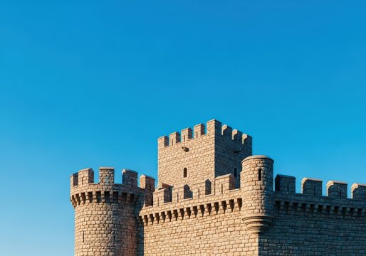 Massive stone castle walls featuring crenelated parapets under a bright blue sky, highlighting historical defensive architecture and fortification structure, rectangular, exterior, geometry