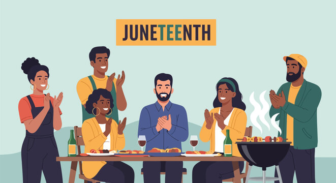 Juneteenth Celebration Illustration: Diverse People Gathering for a Festive Barbecue and Community Dinner Vector