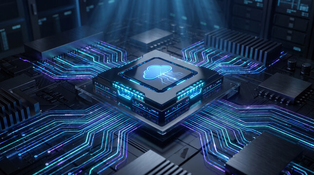 Cloud Data Processing Concept with Futuristic AI Semiconductor
