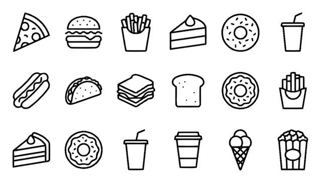A variety of food icons are illustrated in a simple black line drawing style on a white background including pizza burger fries.