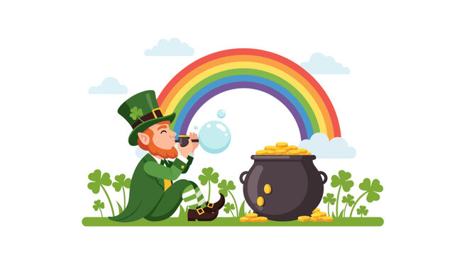 Leprechaun Sitting on Grass Blowing Bubbles Next to a Pot of Gold and Rainbow, St. Patrick's Day Festive Vector Illustration