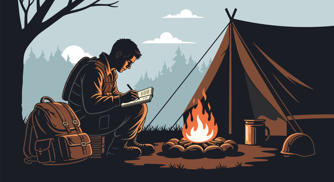 Man Journaling by a Campfire at a Forest Campsite Illustration